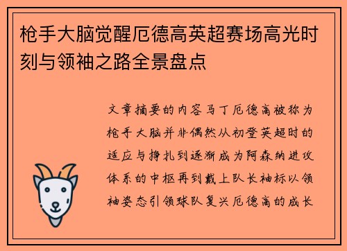 枪手大脑觉醒厄德高英超赛场高光时刻与领袖之路全景盘点